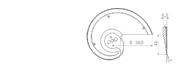 Cuchilla loncheadora evolutiva para TREIF divider, radio 360mm, filo liso 25, espesor 6,5mm, tefln marrn,N. 82271-3