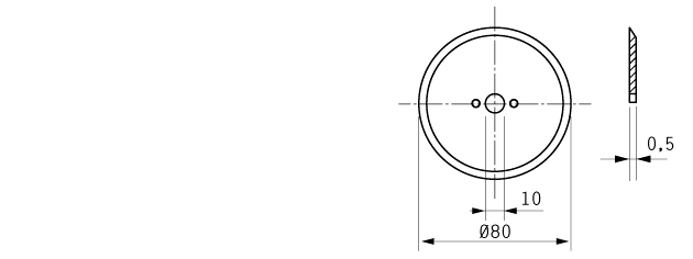 Cuchilla circular 80x10x0,5mm, filo liso,  bisel sencillo,  2 orificios