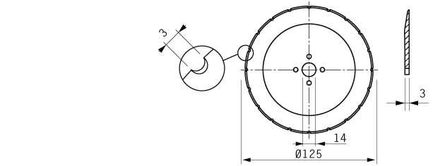 Cuchilla circular, 125x14x3mm, filo liso, bisel sencillo, 20 ranuras, con 4 agujeros de enganche