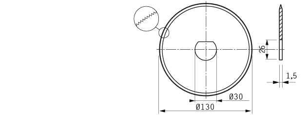 Cuchilla circular, 130x30/26x1,5mm, dentada, doble bisel, filo liso