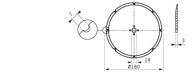 Cuchilla circular, 180x14x3mm, filo liso, bisel sencillo, 8 ranuras, con 4 agujeros de enganche