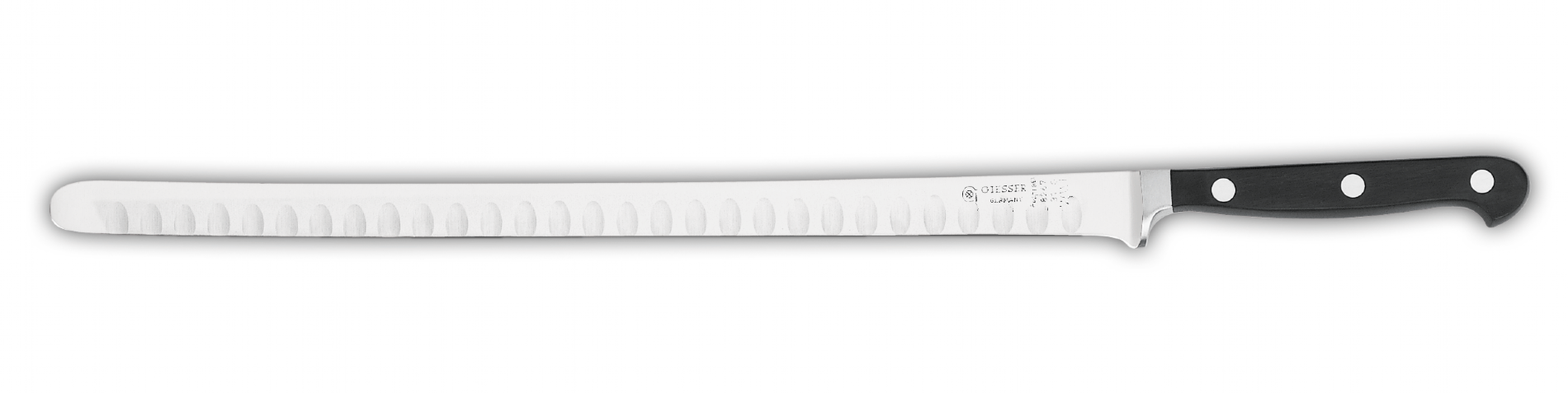 CUCHILLO GIESSER PARA JAMN Y SALMN. MANGO DE FORJA CHEF NEGRO. HOJA FLEXIBLE CON ALVEOLOS DE 31CM
