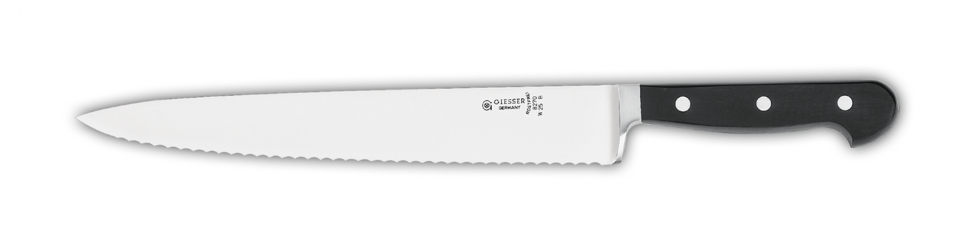 Cuchillo GIESSER para trinchar. Mango de forja chef negro. Hoja ondulada de 25cm
