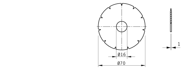 Cuchilla circular, 70x16x1mm, filo liso, bisel sencillo, 11 ranuras forma `V` afiladas por un lado