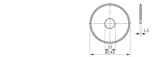 Cuchilla circular, 140x32x1,5mm, filo liso, doble bisel, electropulido