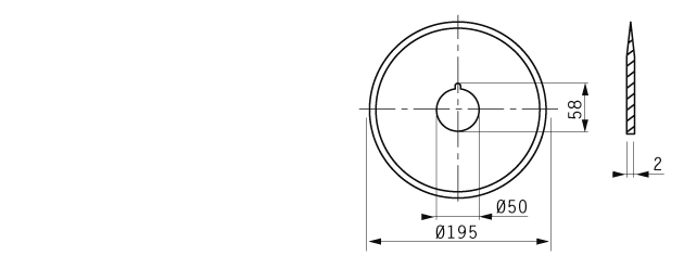 Cuchilla circular, 195x50x2mm, doble bisel, filo liso, con ranura arrastre 6x8mm, acero 1.4034