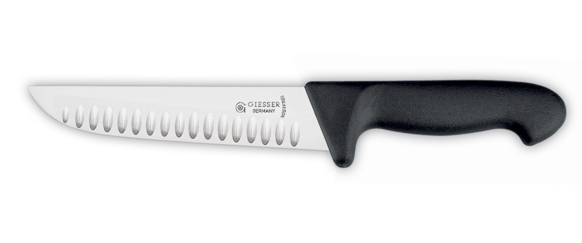 Cuchillo carnicero GIESSER para despiezar, hoja 18cm, ancha, rígida, con alveólos, mango clásico,  negro