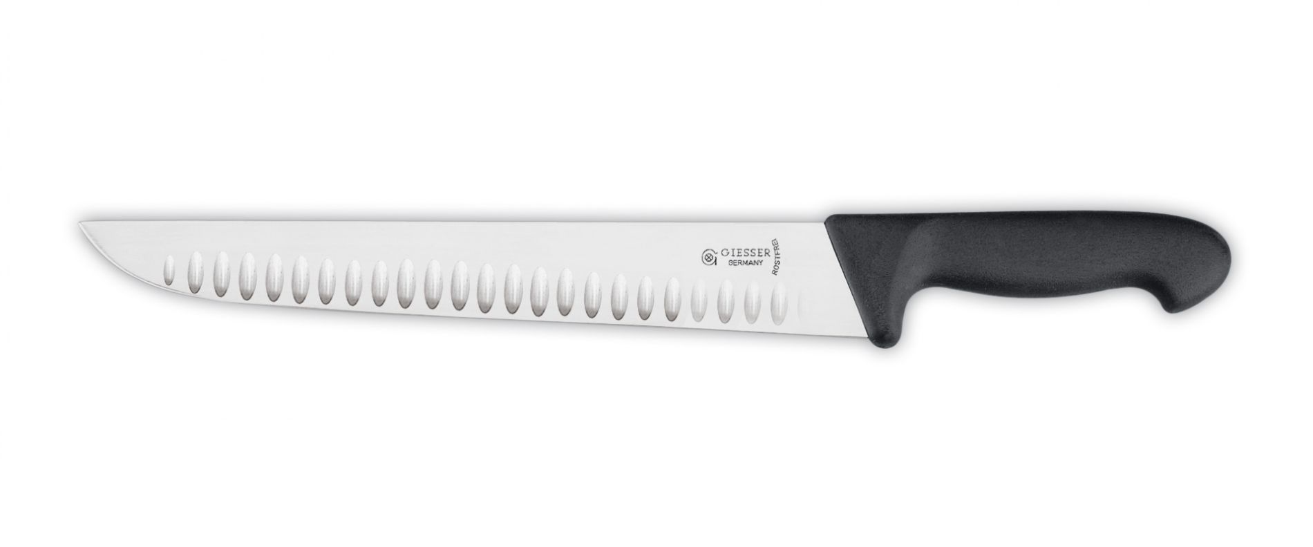 Cuchillo carnicero GIESSER para filetear, hoja 27cm, estrecha, rígida, con alveólos, mango clásico,  negro