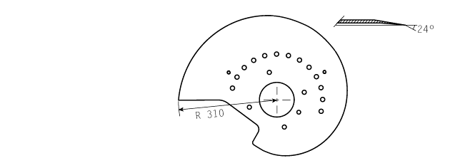 Cuchilla loncheadora evolutiva para DIXIE M5, radio 310 mm, eje Ø105 mm, filo liso 24°, teflón gris
